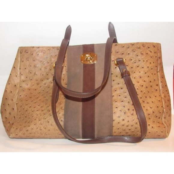 Furla Brown Ostrich XL Tote Embossed Leather And Suede Center Stripe - Picture 3 of 12